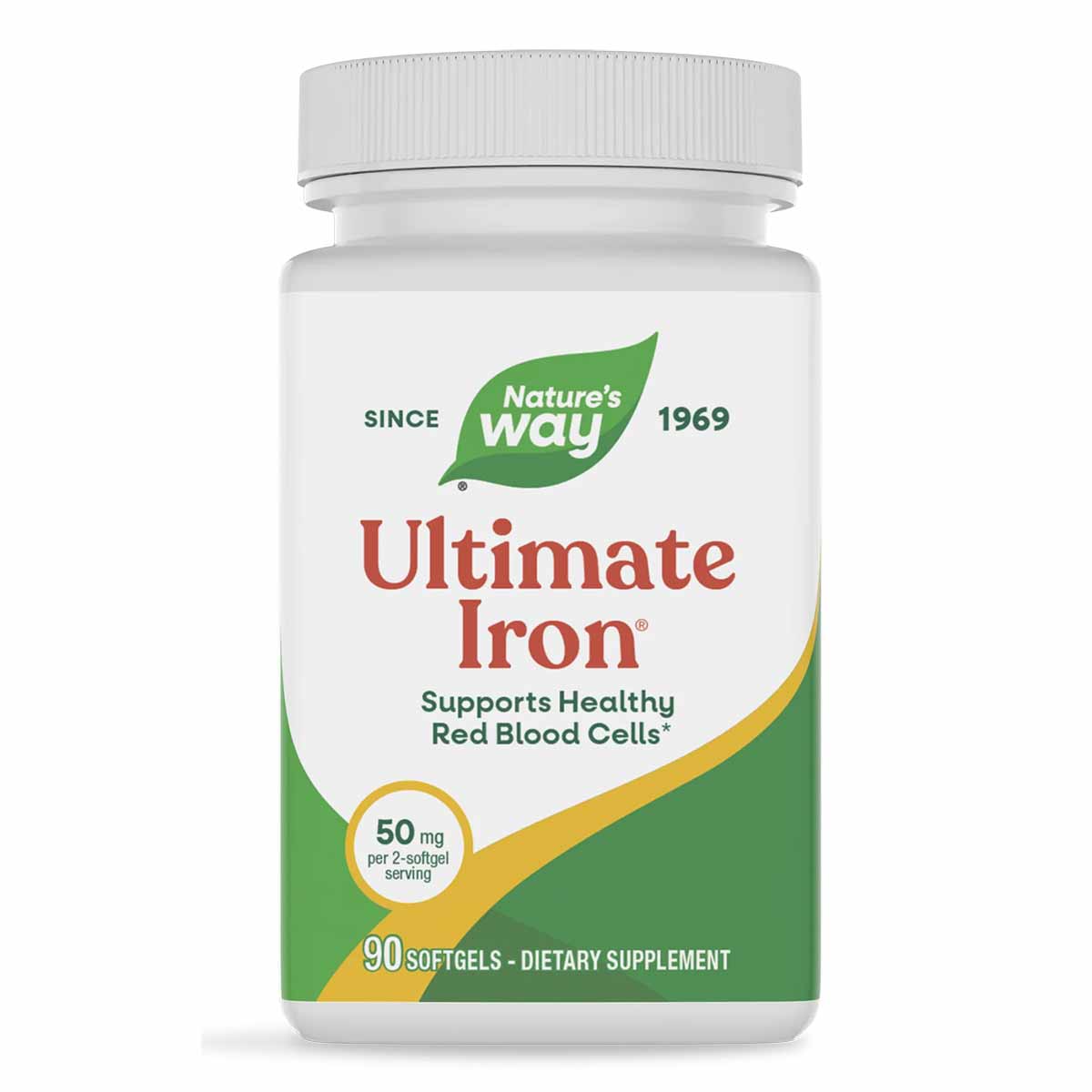 White bottle with green and yellow label for Nature's Way Ultimate Iron dietary supplement containing 90 softgels.