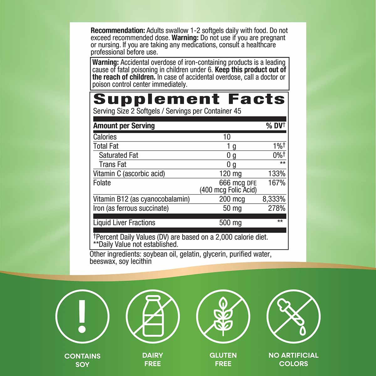Supplement Facts label for Ultimate Iron softgels with ingredient list and icons indicating dairy-free, gluten-free, and no a