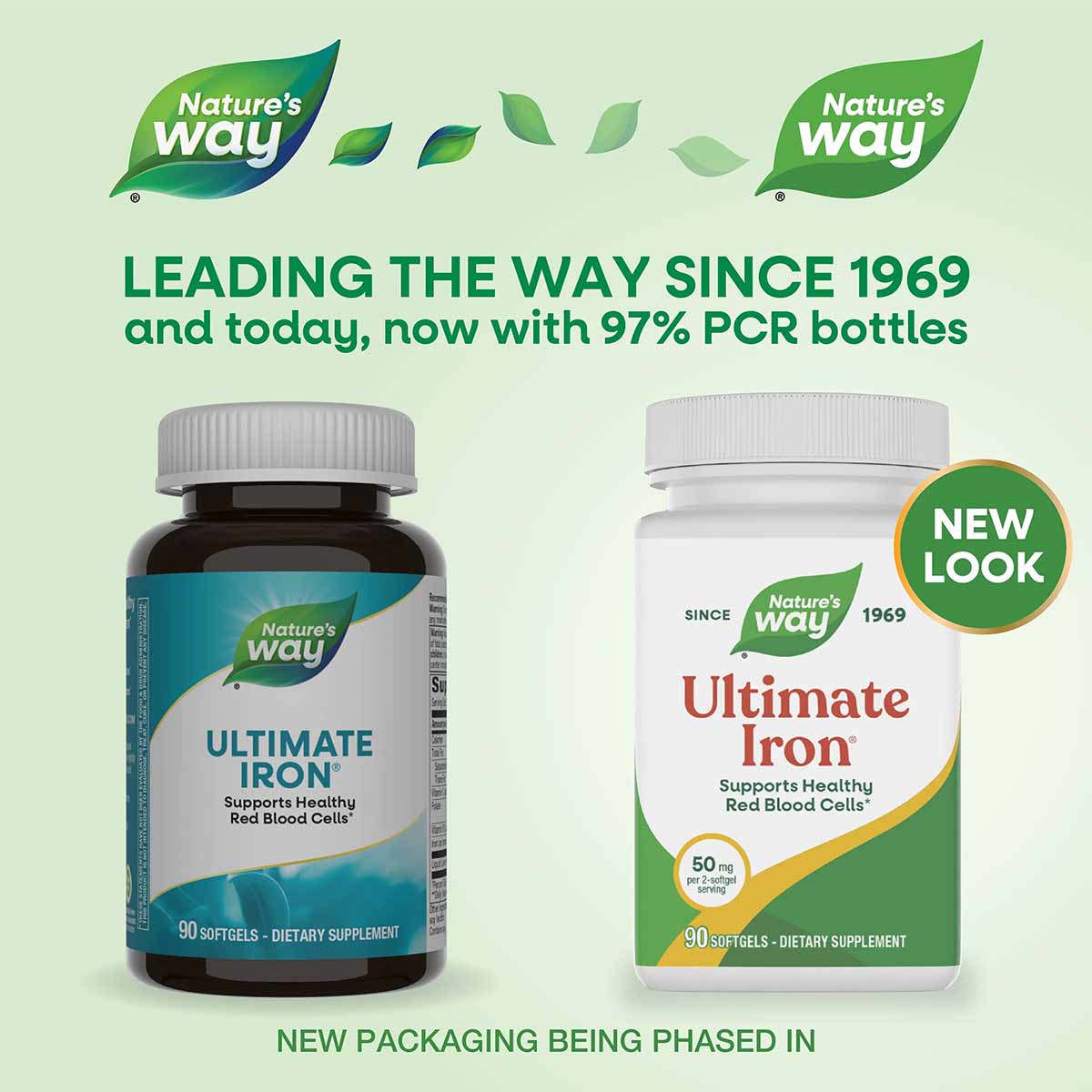 Two bottles of Nature's Way Ultimate Iron dietary supplement showing old and new packaging designs, each containing 90 softge
