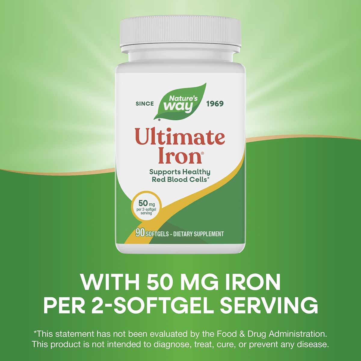 Nature's Way Ultimate Iron supplement bottle with white label, green leaf logo, 90 softgels, 50 mg iron per serving.