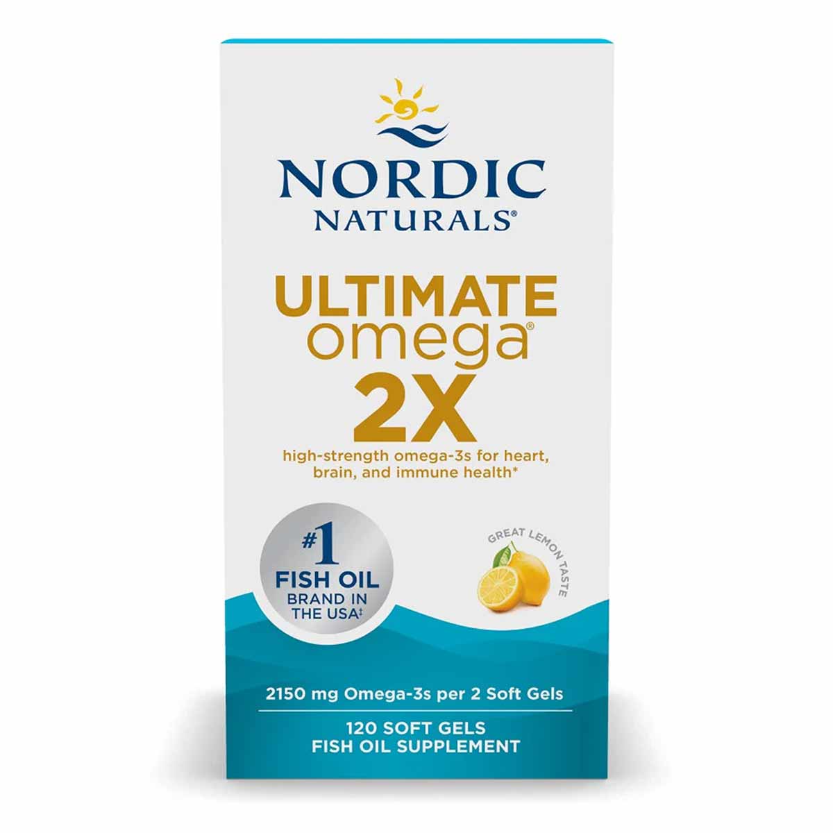 Nordic Naturals Ultimate Omega 2X fish oil supplement bottle with lemon flavor, 120 soft gels.