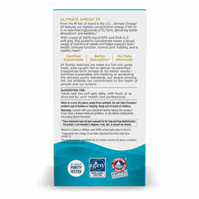 Ultimate Omega 2X supplement bottle box with product information, certification badges, and Nordic Naturals branding.