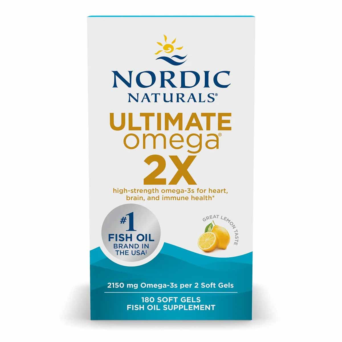 Nordic Naturals Ultimate Omega 2X fish oil supplement bottle with lemon flavor, 180 soft gels.