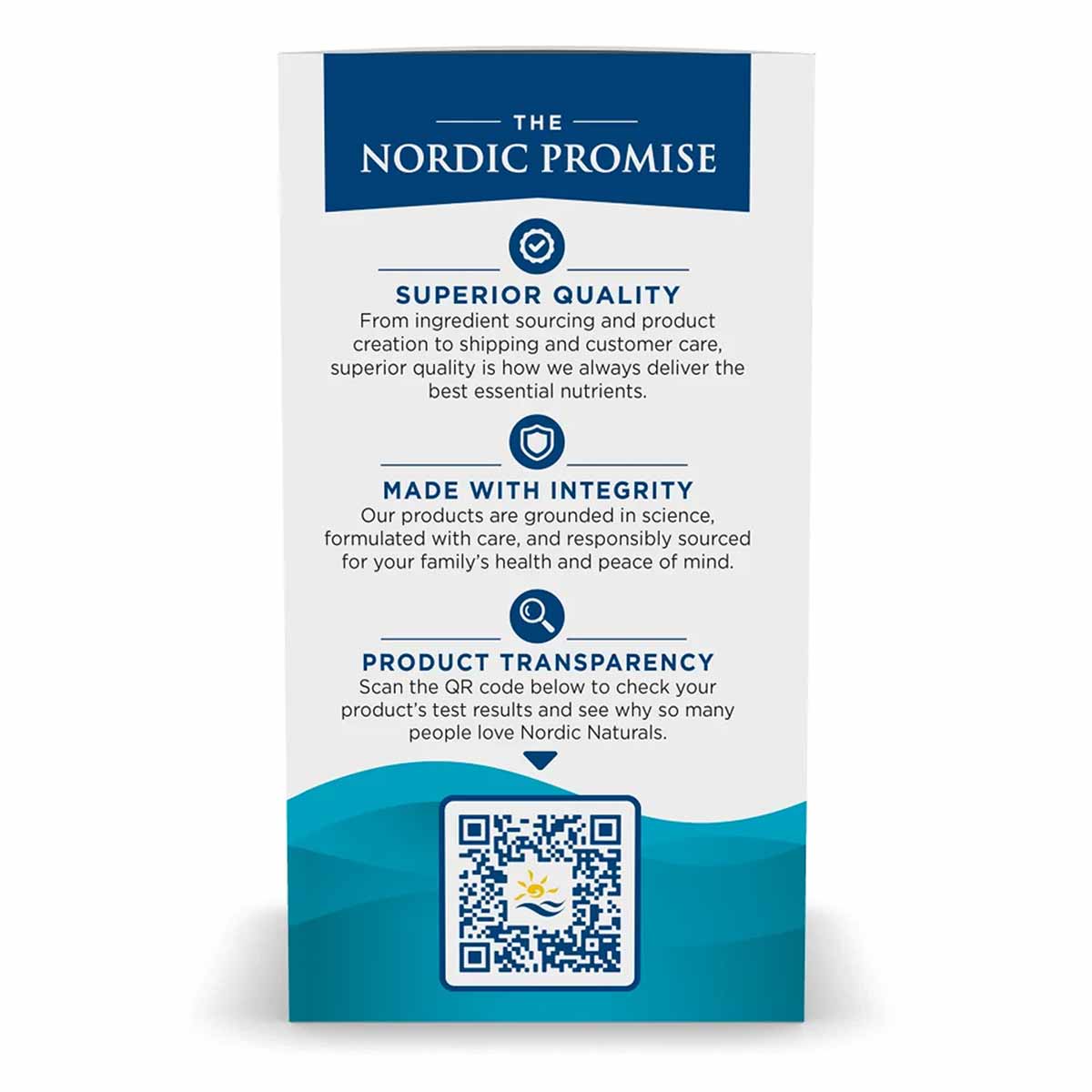 Nordic Naturals product information card displaying "The Nordic Promise" with quality assurance details and QR code.