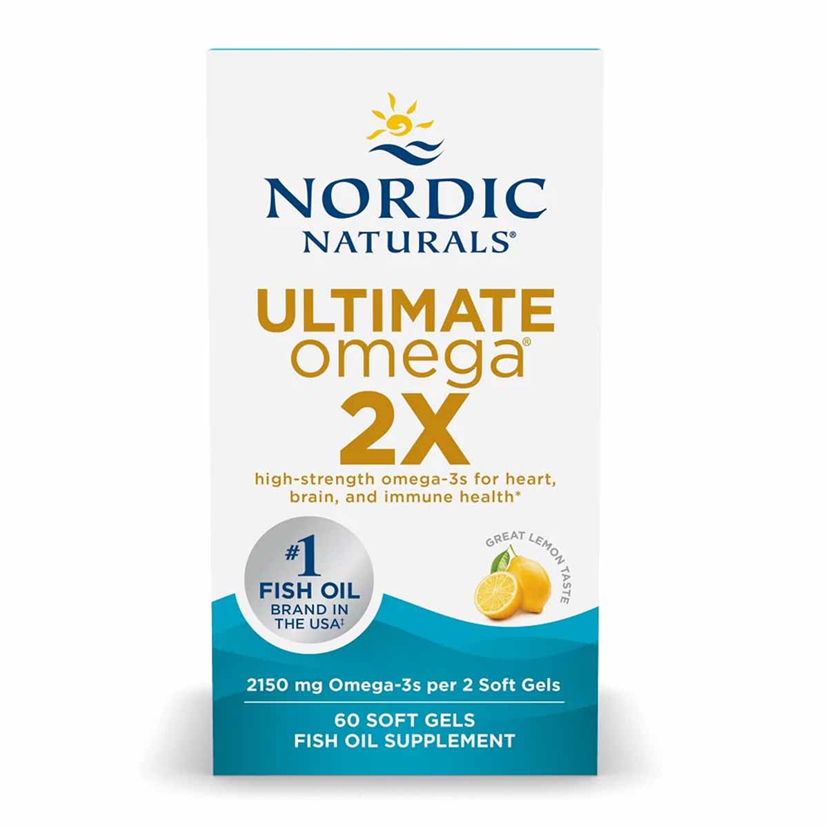 Nordic Naturals Ultimate Omega 2X bottle with lemon flavor, 60 soft gel fish oil supplement capsules.