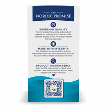 Nordic Naturals product packaging with "The Nordic Promise" messaging, quality assurances, and QR code for product transparen