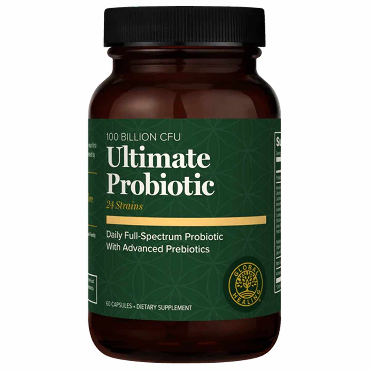 Dark brown glass bottle with green label showing "Ultimate Probiotic 100 Billion CFU, 24 Strains, 60 Capsules" text and Globa