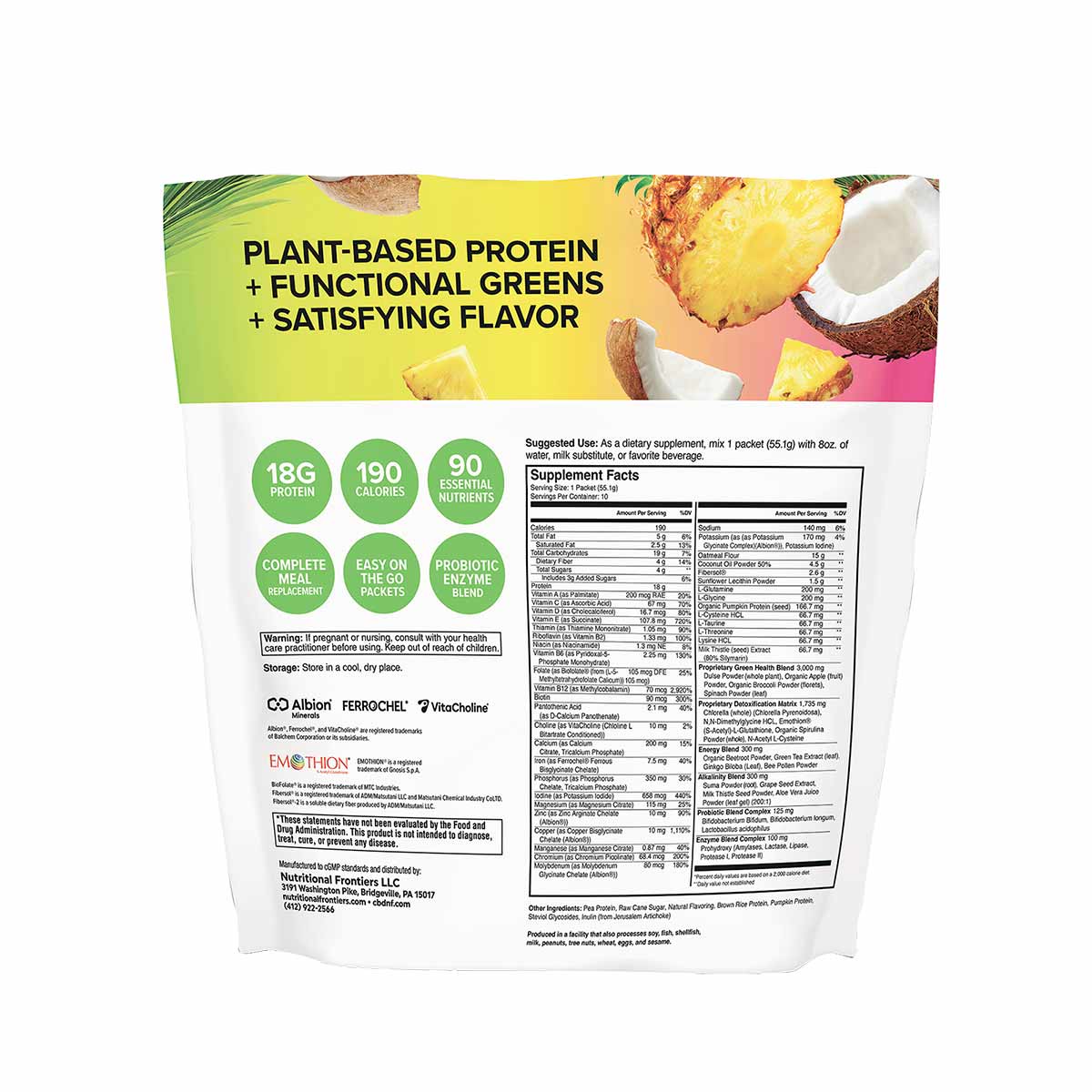 White and yellow supplement powder packet displaying nutritional information, ingredient list, and pineapple and coconut imag