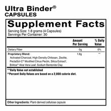 Supplement Facts label for Ultra Binder Capsules showing serving size of 4 capsules, 30 servings per container, with propriet