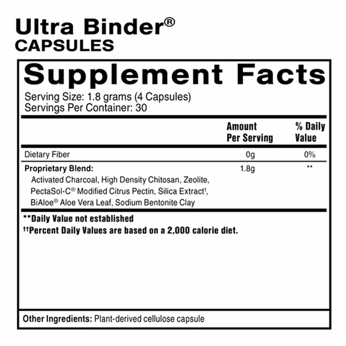 Supplement Facts label for Ultra Binder Capsules showing serving size of 4 capsules, 30 servings per container, with propriet