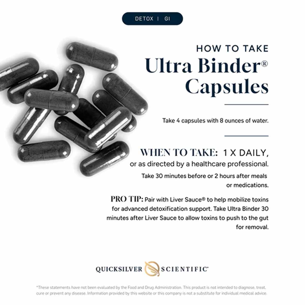 Black capsules with instruction text for Ultra Binder dosage and usage guidelines displayed on white background.