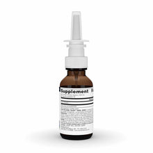 Brown glass bottle with white nasal spray pump top and white cap labeled "Supplement Facts."