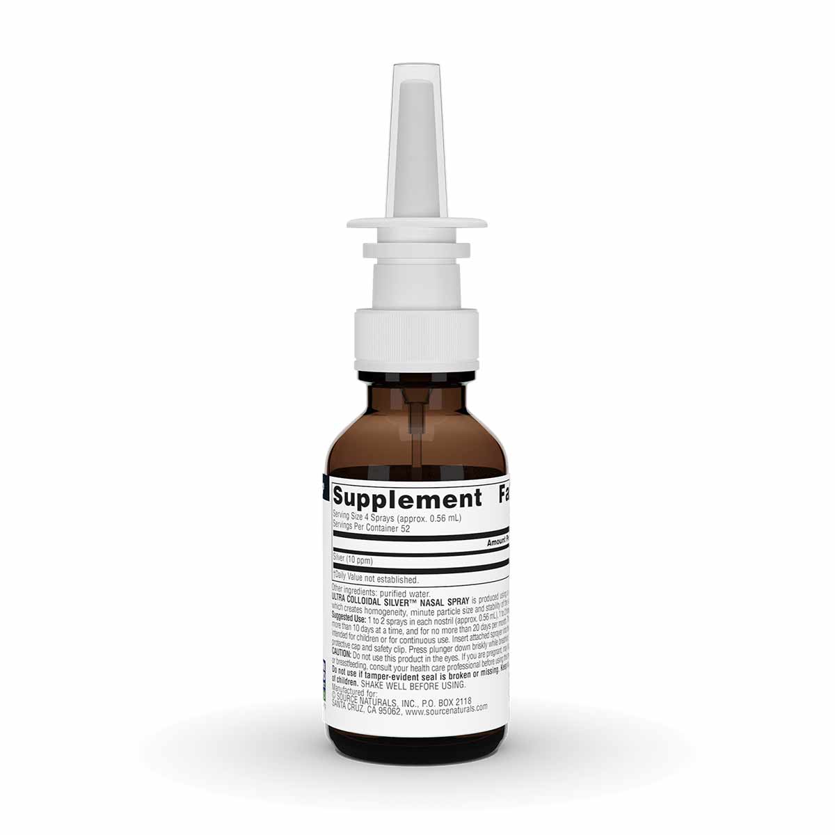 Brown glass bottle with white nasal spray pump top and white cap labeled "Supplement Facts."