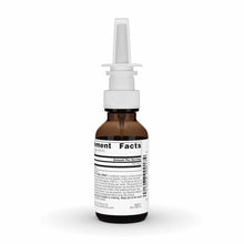 Brown glass bottle with white nasal spray nozzle and ribbed cap, featuring Supplement Facts label.
