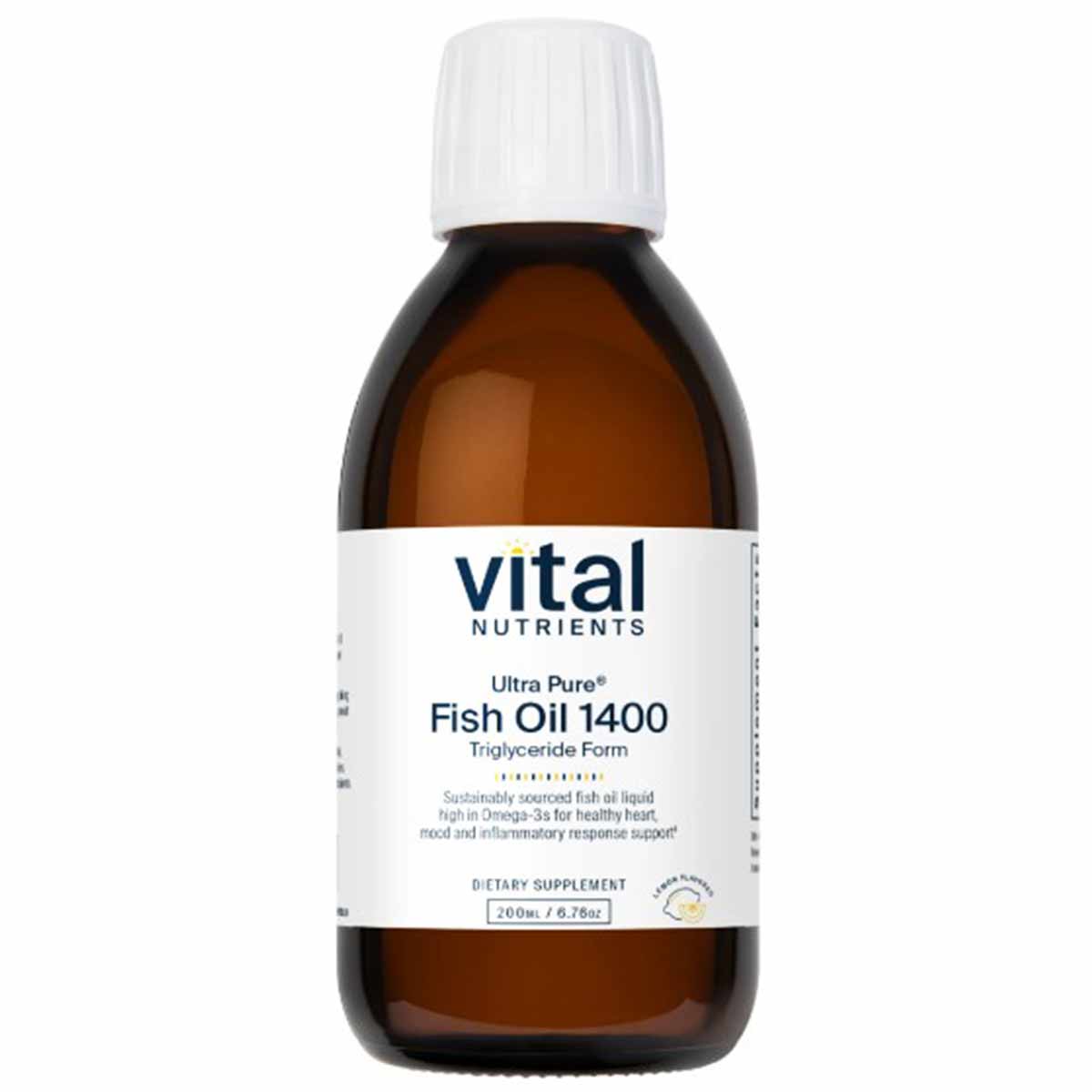 Amber glass bottle with white cap containing Vital Nutrients Ultra Pure Fish Oil 1400 dietary supplement liquid.