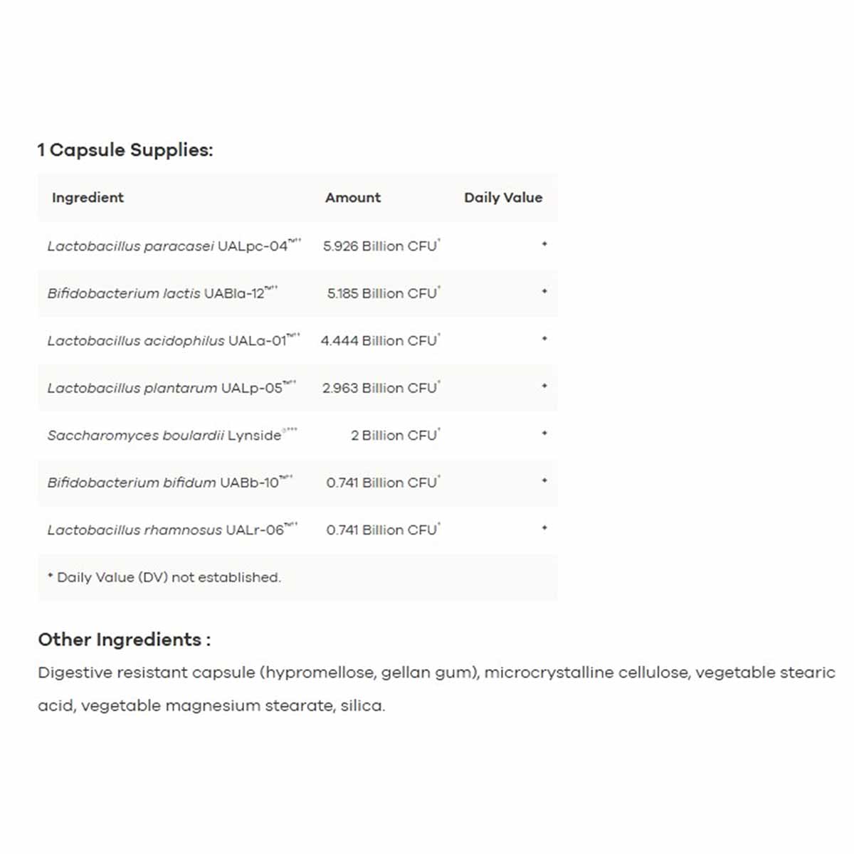 Nutritional information label for UltraBiotic Complete showing probiotic ingredients and CFU amounts per capsule.