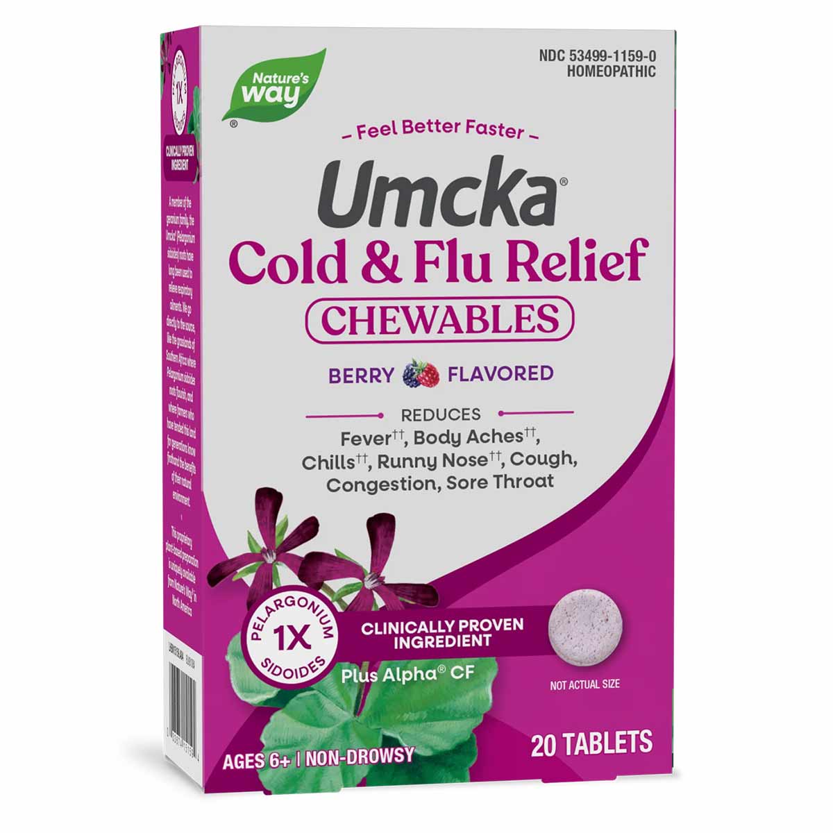 Umcka Cold & Flu Relief Chewables berry flavored box containing 20 tablets by Nature's Way.