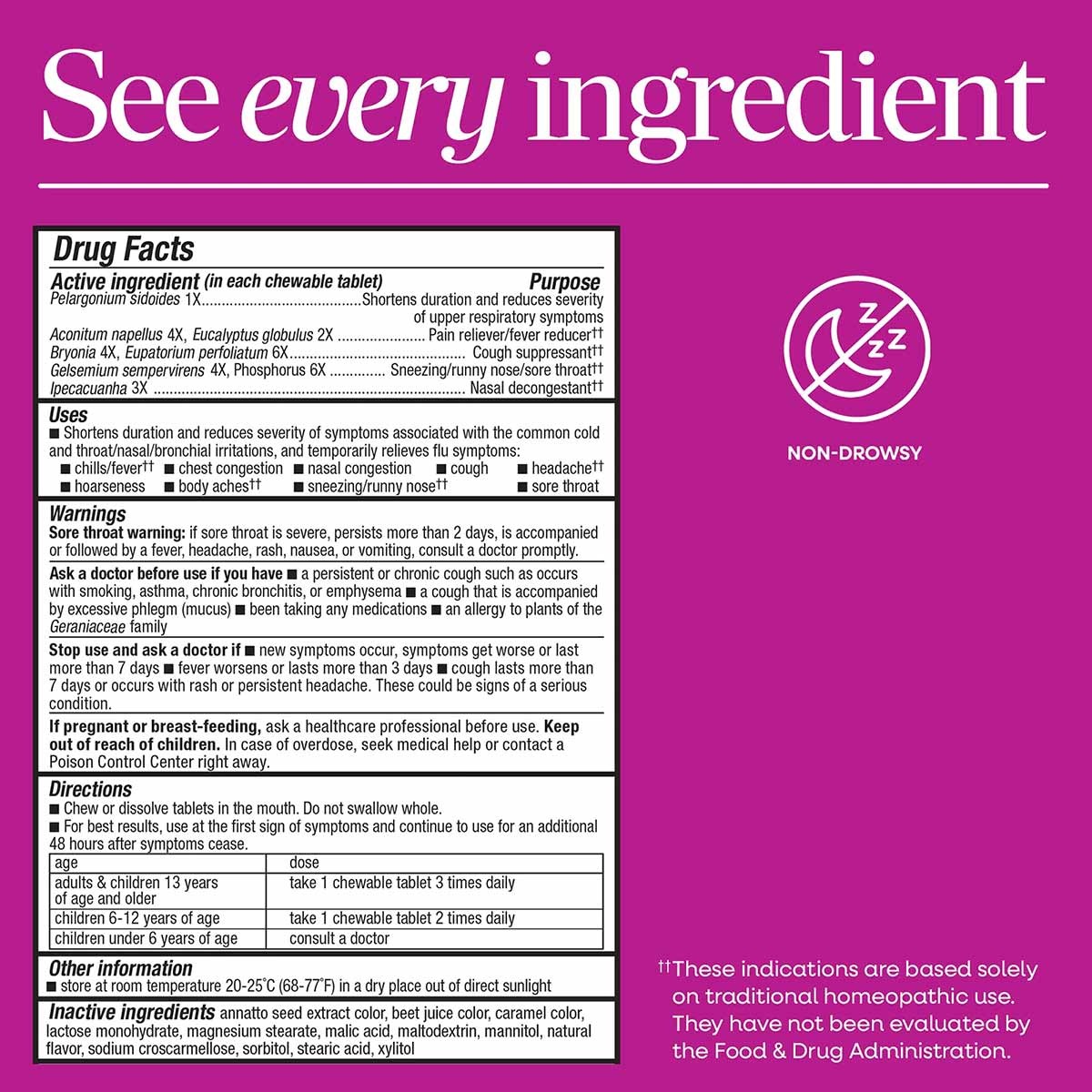 Umcka Cold + Flu chewable tablet medication label showing drug facts, warnings, directions, and ingredients on magenta backgr