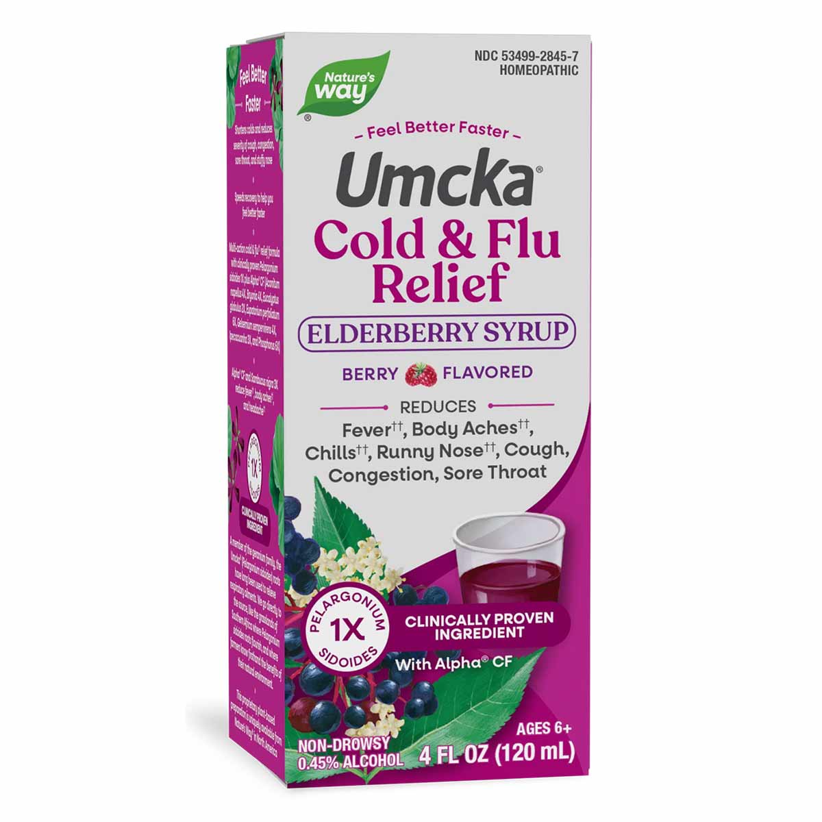 Umcka Cold & Flu Relief elderberry syrup bottle with purple label showing berry flavor, 4 fl oz size.