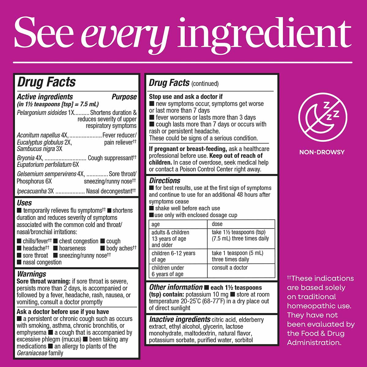 Umcka Cold + Flu Elderberry Syrup bottle label with drug facts, ingredients, dosage directions, and warnings on magenta backg