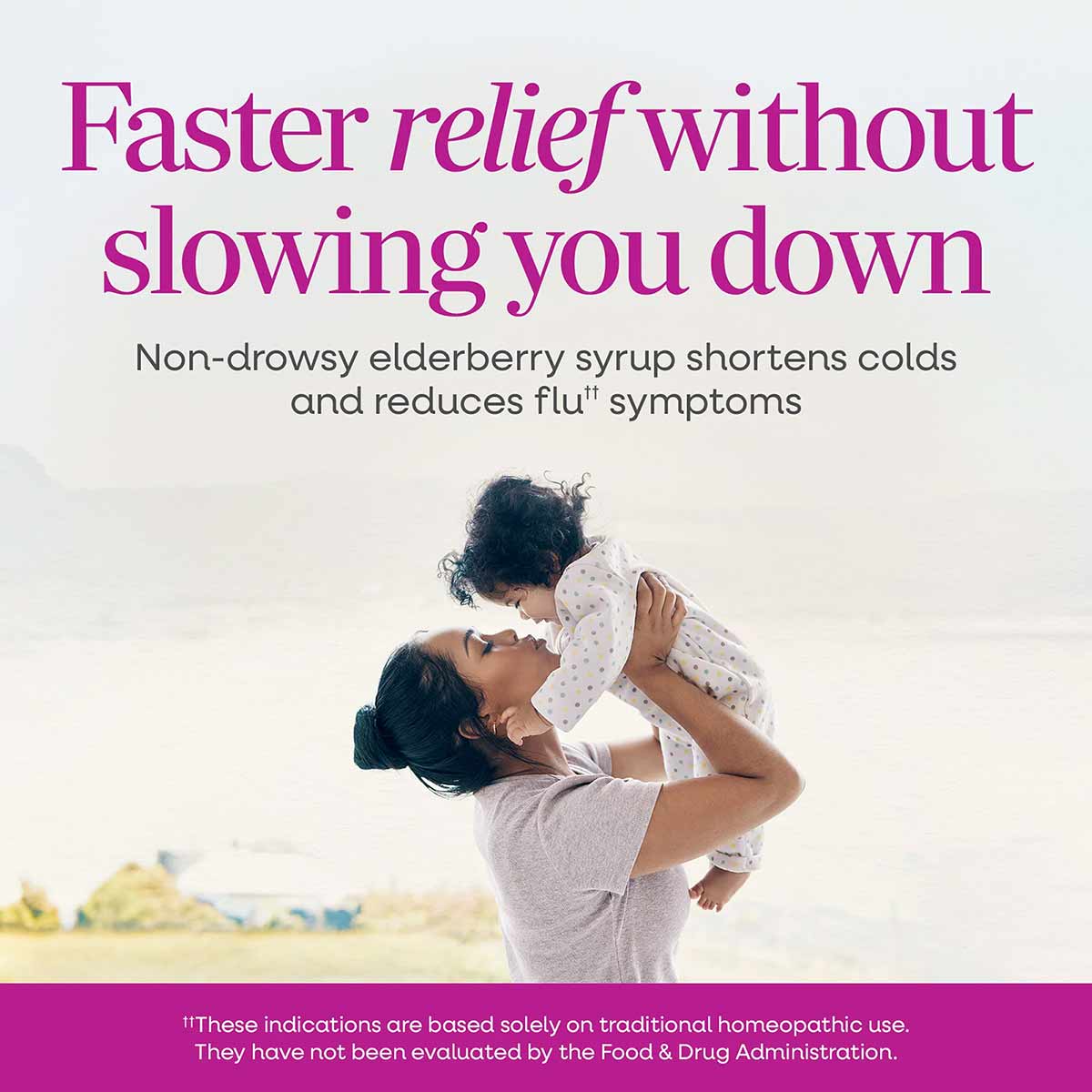 Adult holding young child outdoors with text describing elderberry syrup product benefits.