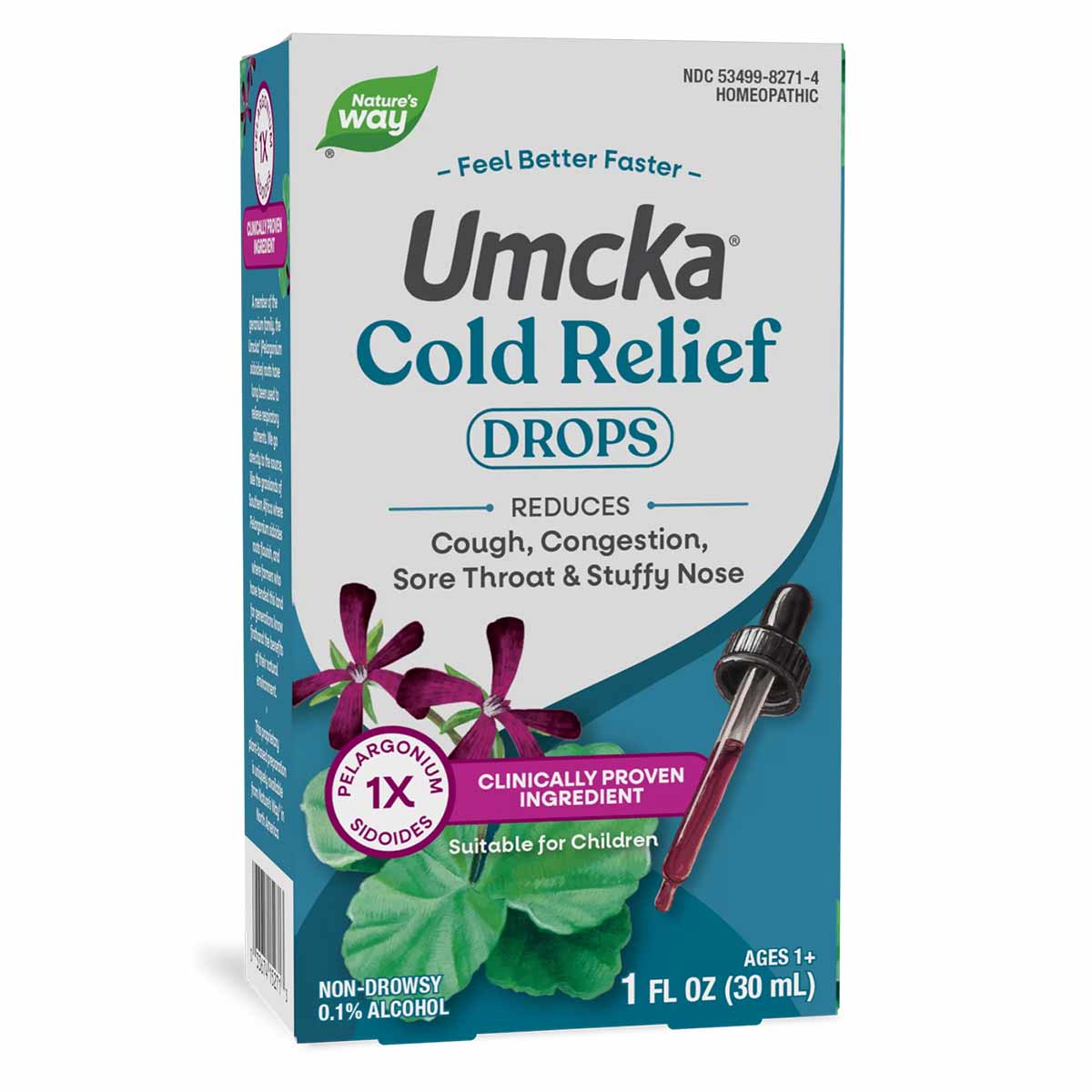 Umcka Cold Relief Drops bottle by Nature's Way, 1 FL OZ, with dropper and purple flowers on packaging.