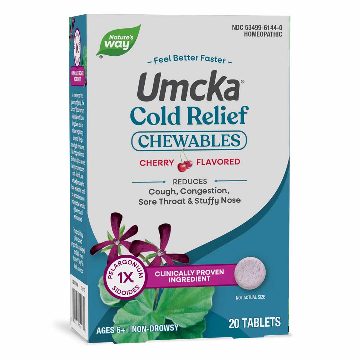 Umcka Cold Relief Chewables cherry-flavored box by Nature's Way containing 20 tablets for ages 6+.