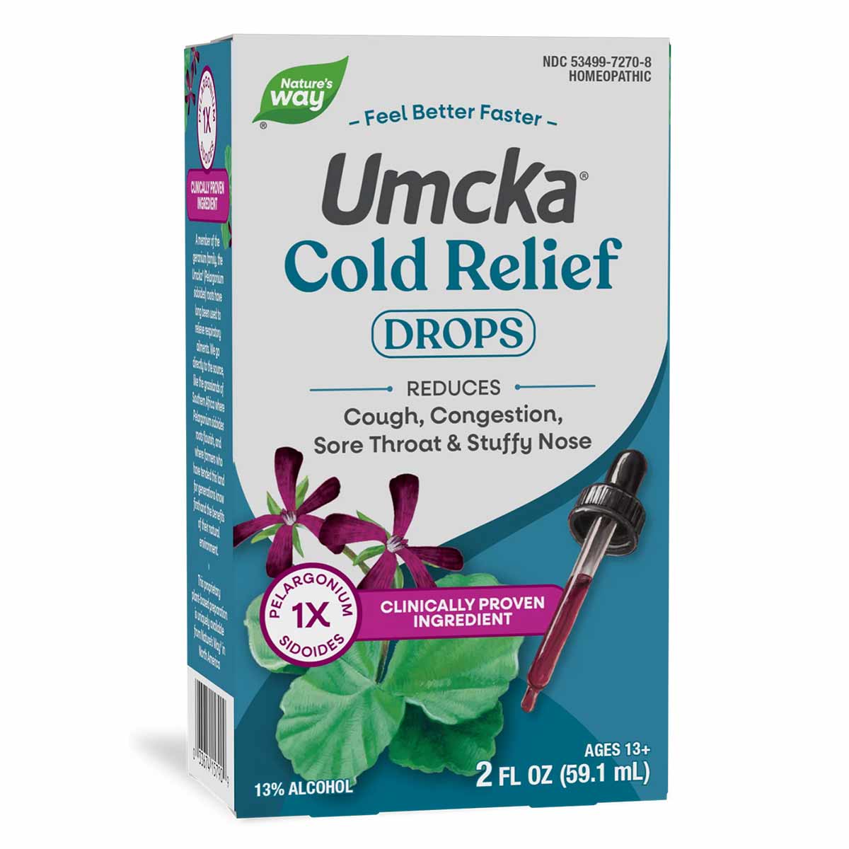 Umcka Cold Relief Drops bottle, 2 fl oz, with dropper and purple flower imagery on packaging.