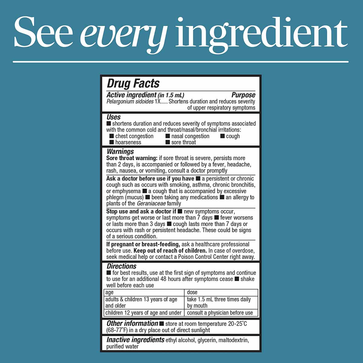 Drug Facts label for Umcka ColdCare Original Drops showing active ingredient, uses, warnings, directions, and inactive ingred