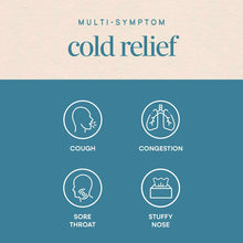 Product label showing "Multi-Symptom Cold Relief" text with four circular icons depicting cough, congestion, sore throat, and