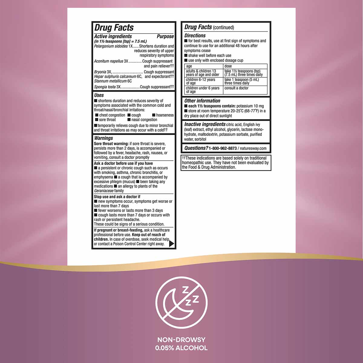 Drug Facts label for Umcka Cough Syrup showing active ingredients, directions, warnings, and usage information.