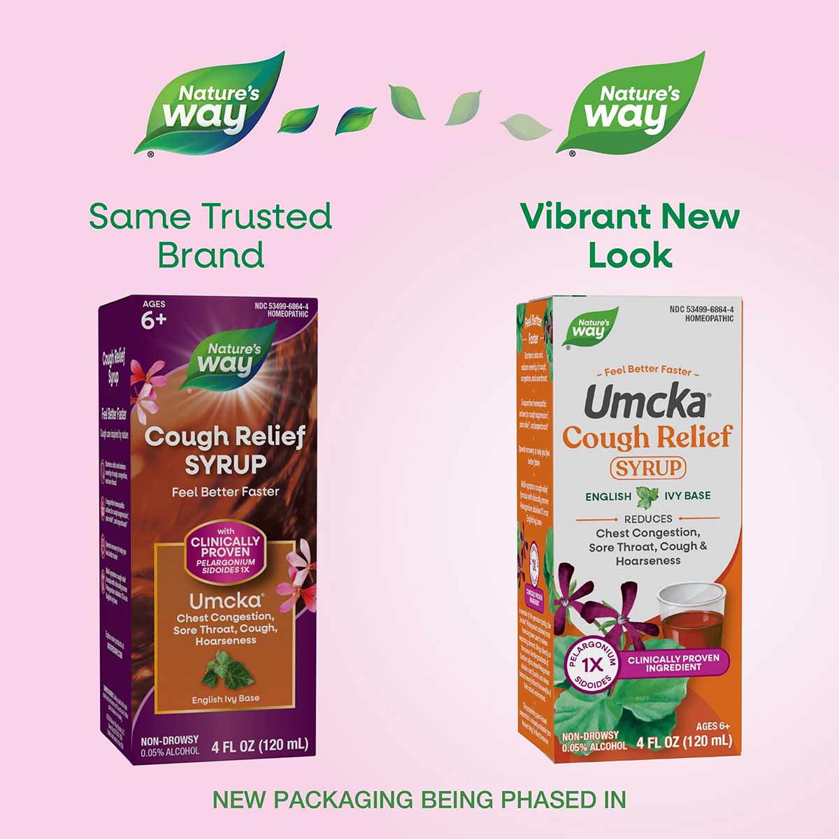 Umcka Cough Relief Syrup 4 FL OZ bottle by Nature's Way with new orange and white packaging design shown next to previous pur