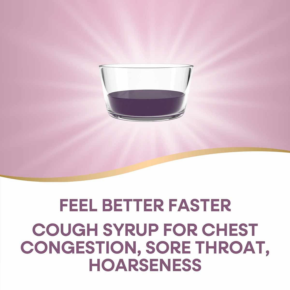 Glass bowl containing dark purple liquid cough syrup on pink background.