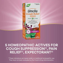 Umcka Cough Relief Syrup bottle by Nature's Way, 4 fl oz, with English ivy base and purple flower imagery on packaging.