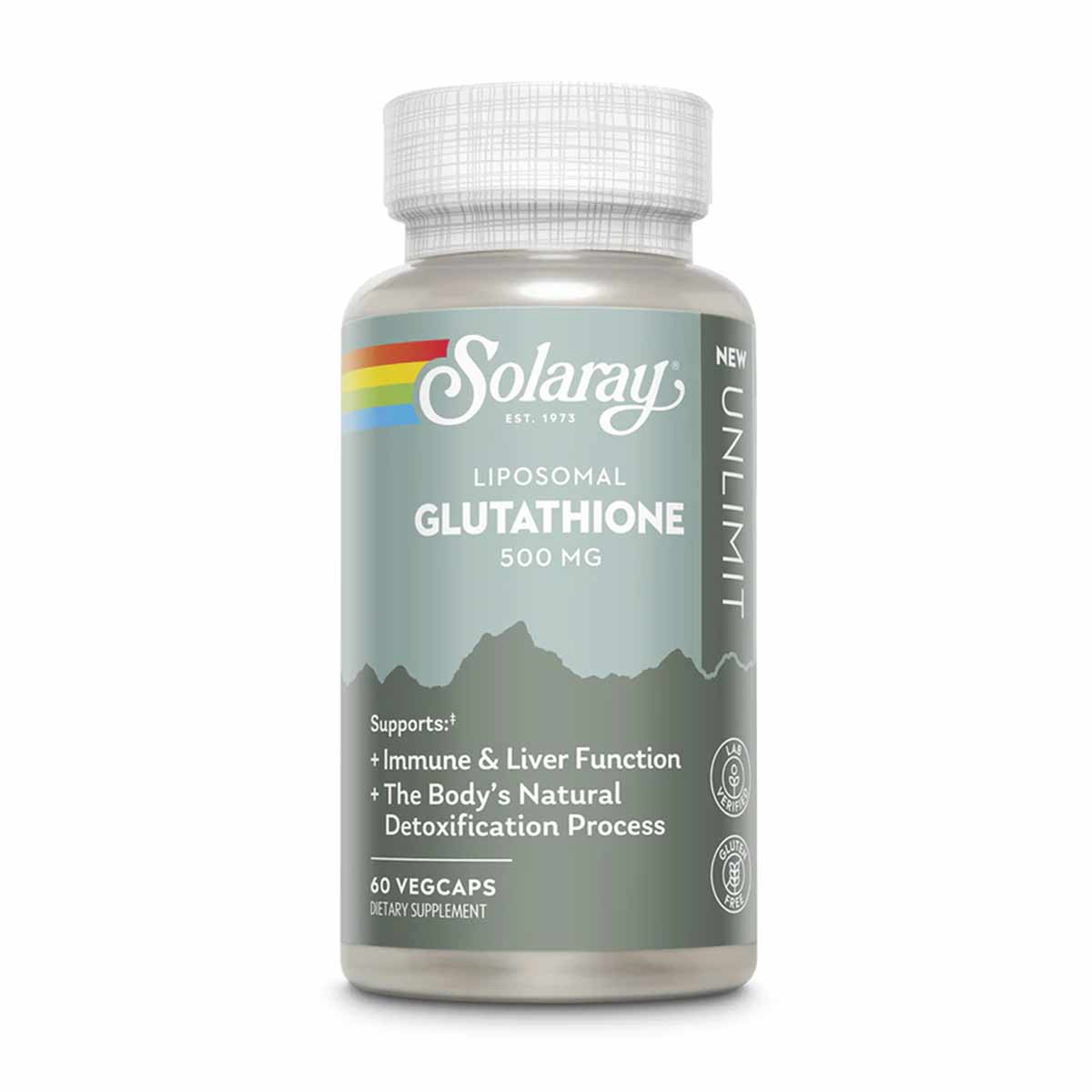 Solaray Liposomal Glutathione 500mg bottle with white cap and gray-green label containing 60 vegcaps.