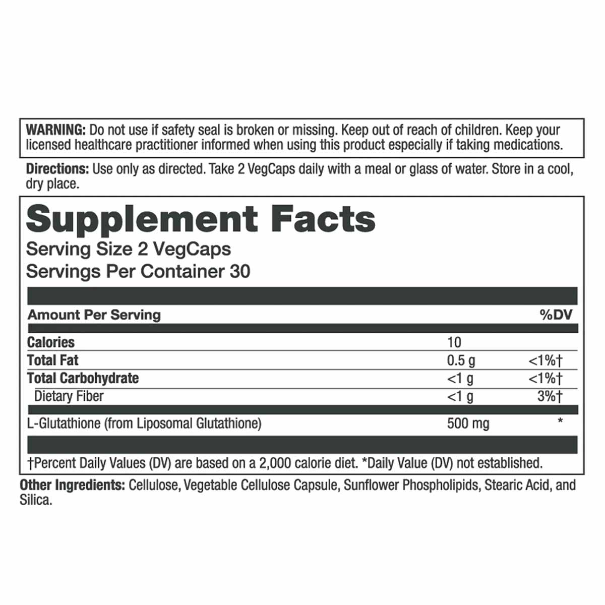 Supplement Facts label for Solaray Unlimit Liposomal Glutathione showing 500mg L-Glutathione per serving with directions and 