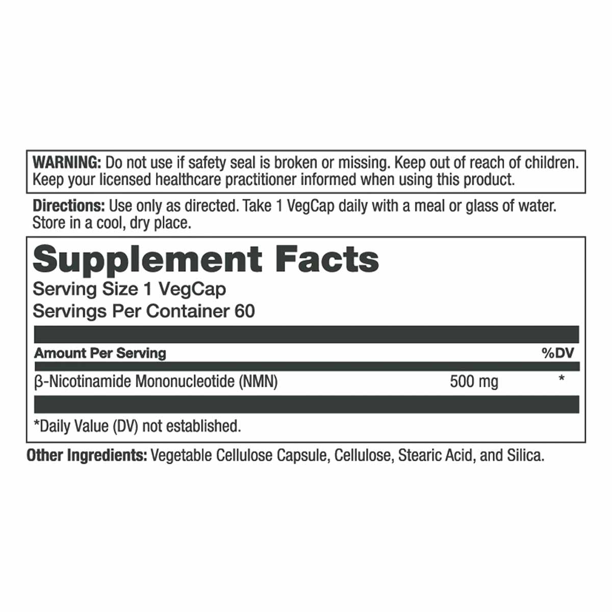 Supplement Facts label for Solaray Unlimit NMN showing 500mg β-Nicotinamide Mononucleotide per vegetable capsule serving with