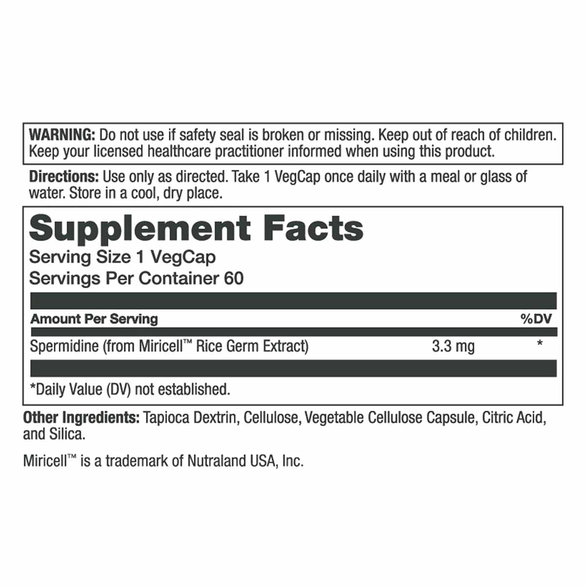 Supplement Facts label for Solaray Unlimit Spermidine showing serving size, ingredients, and usage directions.