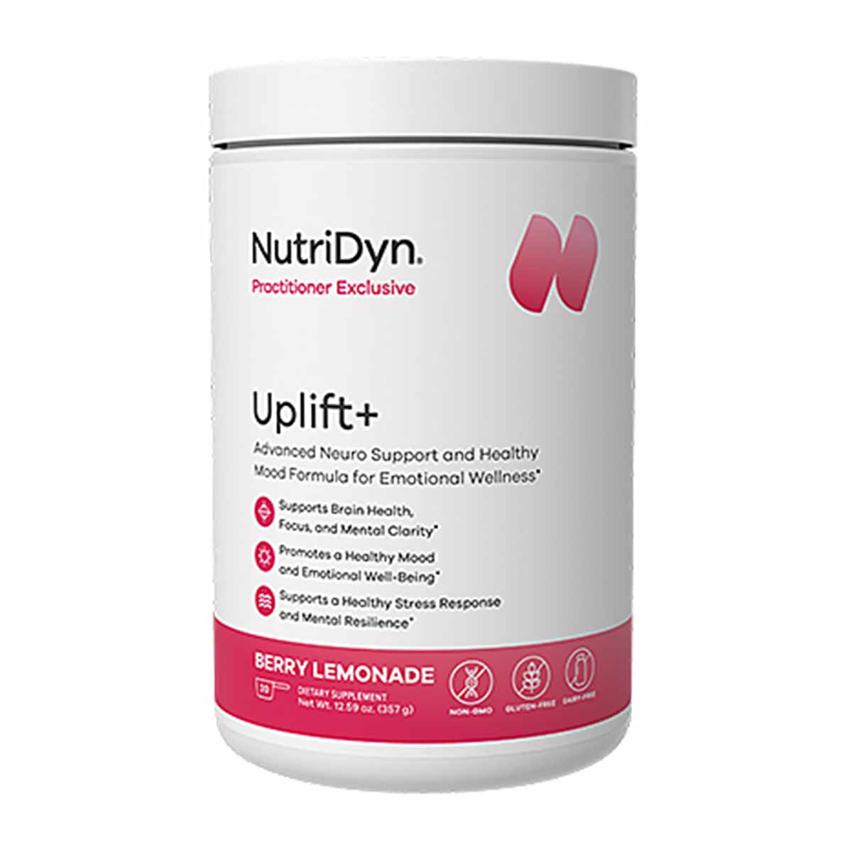 White cylindrical container of NutriDyn Uplift+ dietary supplement in berry lemonade flavor with pink and white labeling.