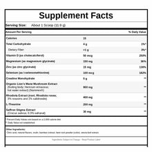 Supplement Facts label for Uplift+ powder showing serving size, nutritional information, and ingredient list including vitami