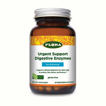 Brown glass bottle of Flora Urgent Support Digestive Enzymes dietary supplement containing 60 vegetarian capsules.