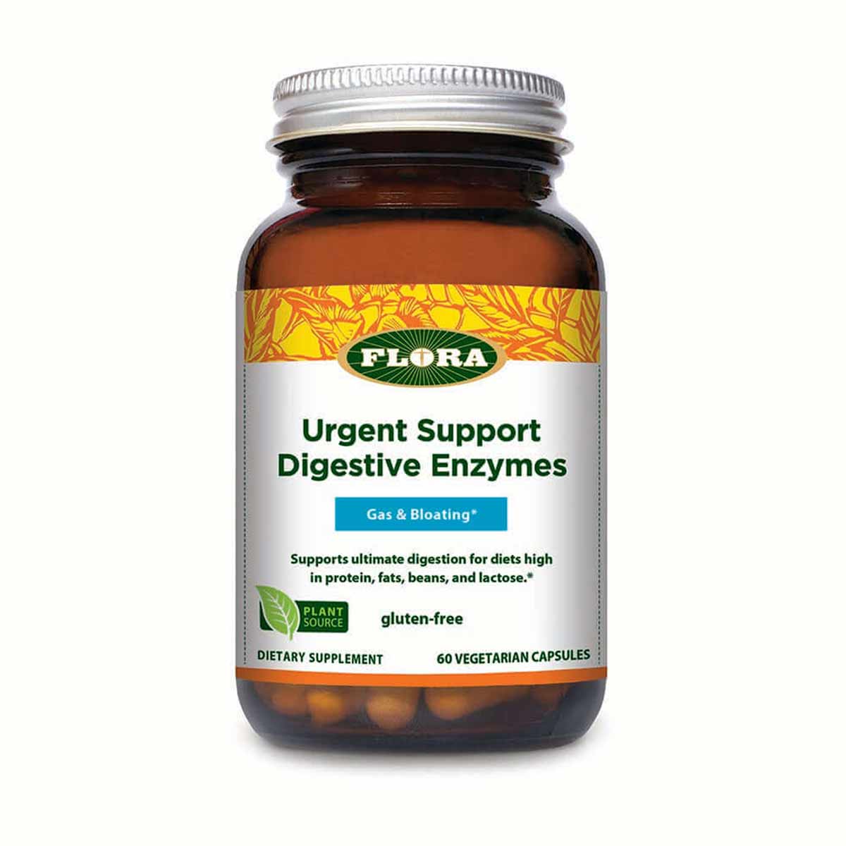 Brown glass bottle of Flora Urgent Support Digestive Enzymes dietary supplement containing 60 vegetarian capsules.