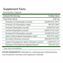 Supplement Facts label for digestive enzyme capsule showing serving size, proprietary blend ingredients with FCC units, and o