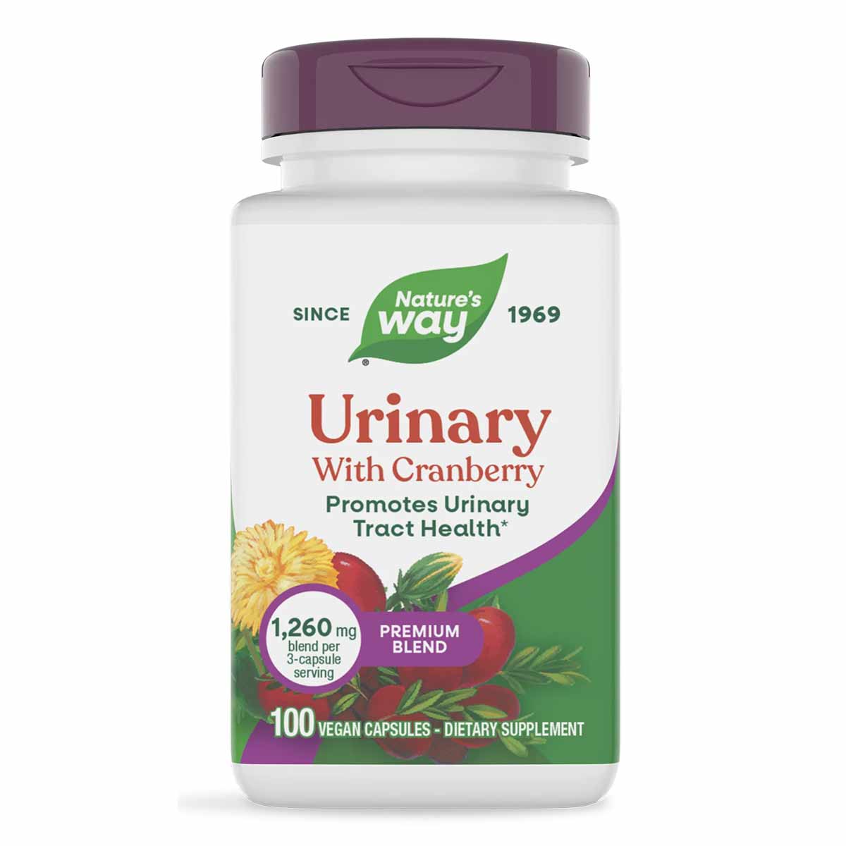 Nature's Way Urinary with Cranberry Premium Blend dietary supplement bottle with purple cap containing 100 vegan capsules.