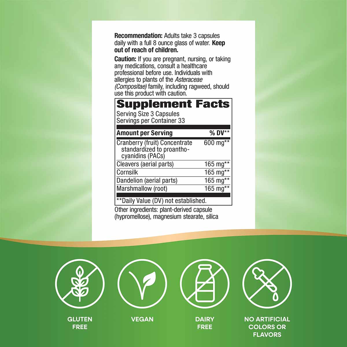 Supplement facts label showing dosage, ingredients including cranberry concentrate and botanicals, with certification icons f