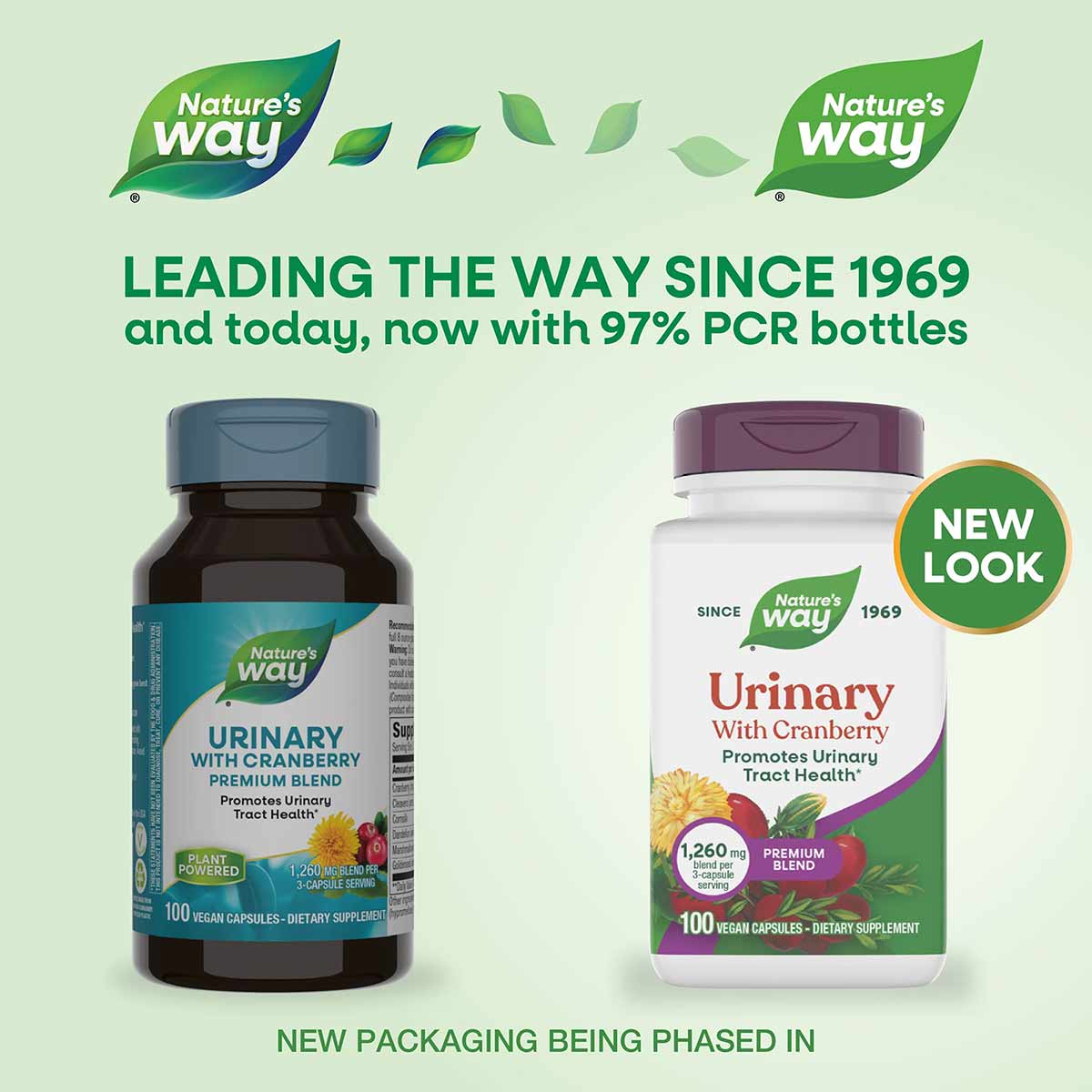 Two bottles of Nature's Way Urinary with Cranberry Premium Blend dietary supplement, one with blue label and one with purple 