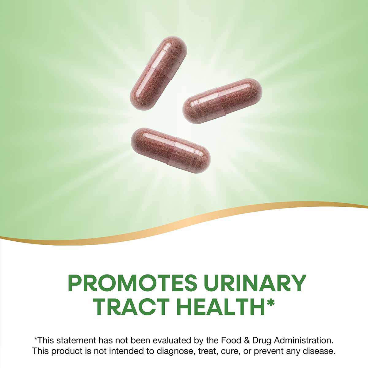Three reddish-brown capsules on a light green background with product text below.