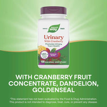 White bottle with purple cap labeled "Urinary With Cranberry" by Nature's Way, containing 100 vegan capsules.