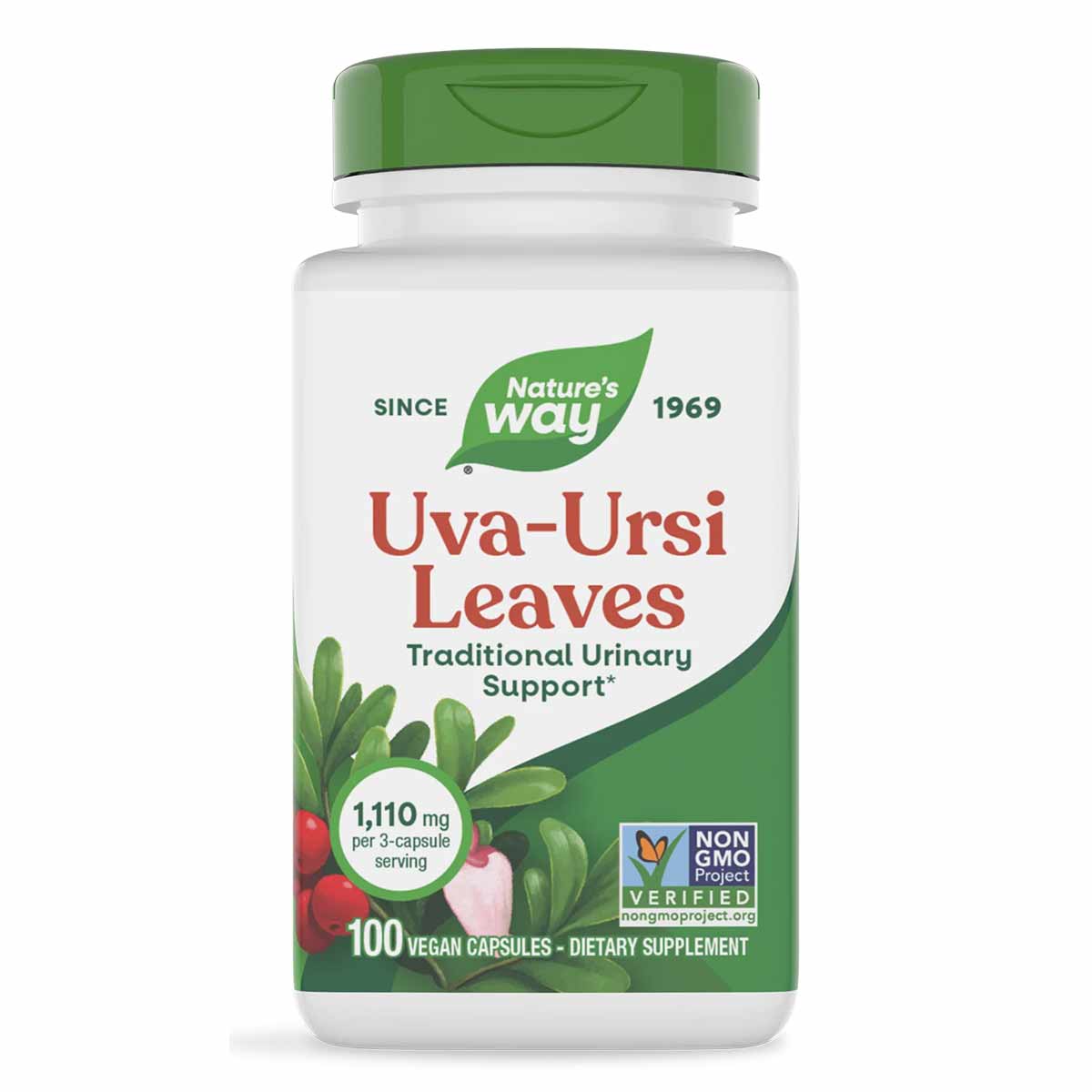 Nature's Way Uva-Ursi Leaves dietary supplement bottle with green cap containing 100 vegan capsules at 1,110 mg per serving.