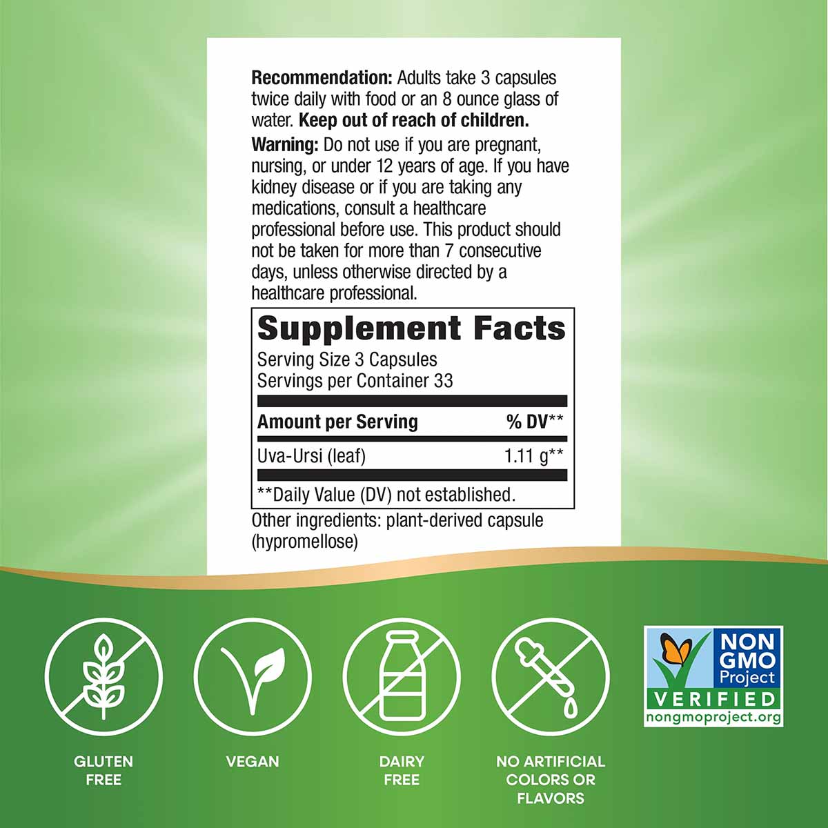 Uva Ursi leaf supplement label showing dosage recommendations, supplement facts with 1.11g per serving, and certifications fo